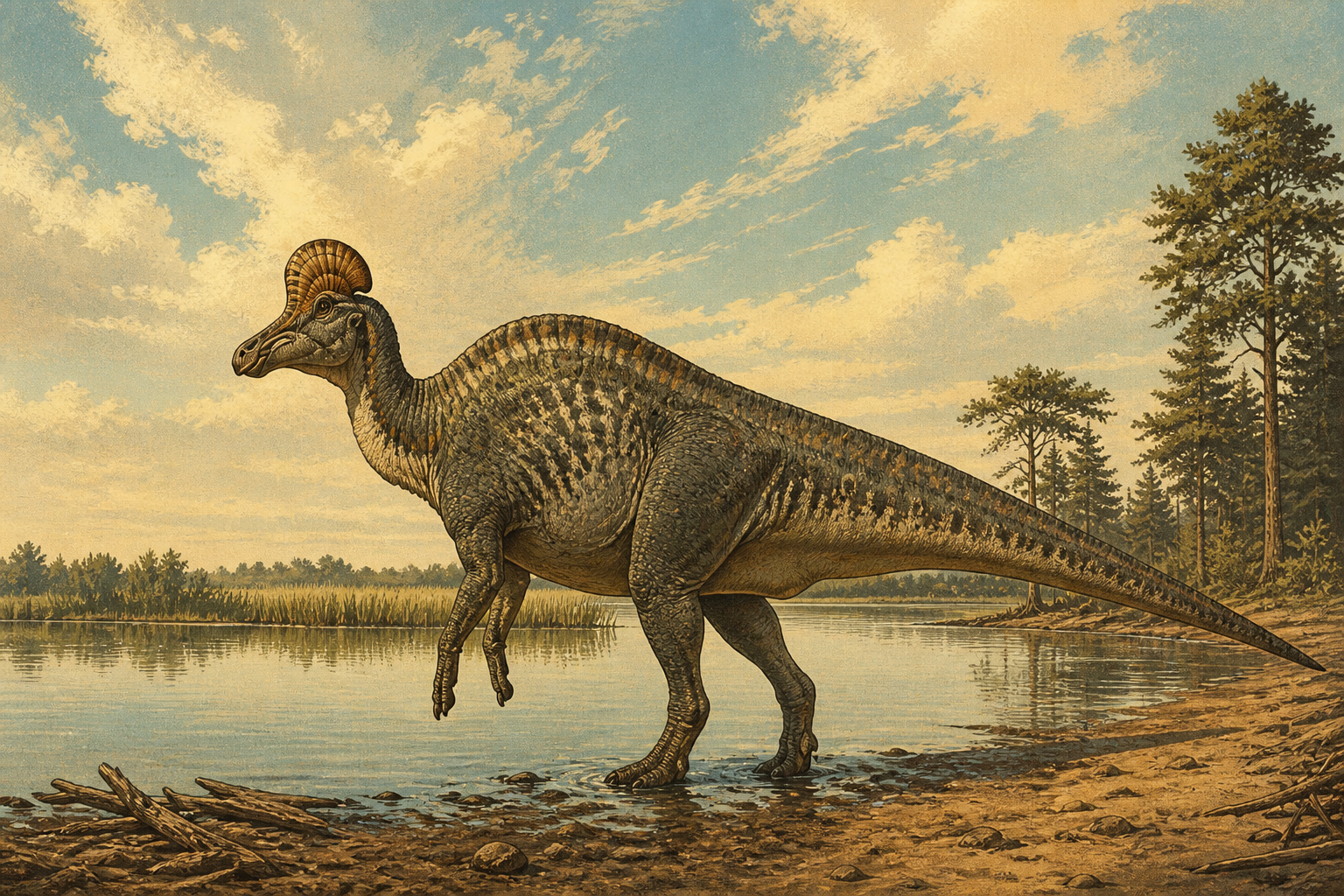 Corythosaurus standing beside a Late Cretaceous lake