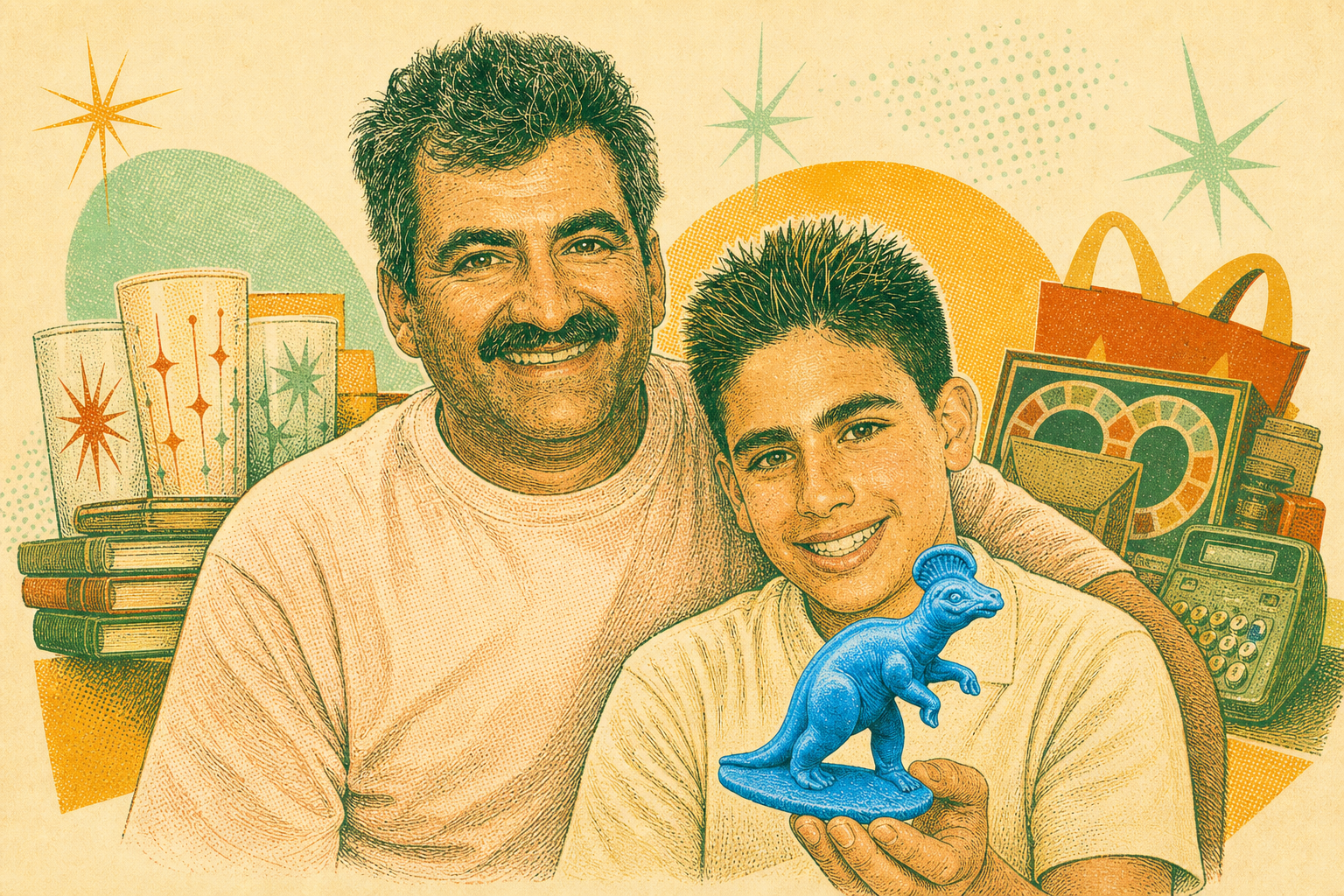 Cory and his father, with young Cory holding a blue Corythosaurus toy among family flea-market treasures