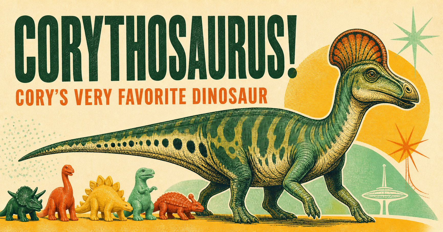 Corythosaurus with its rounded helmet crest and colorful Sinclair dinosaur toys